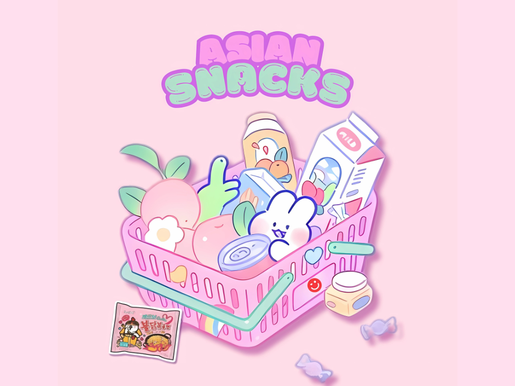 A vibrant assortment of Asian snacks featuring Japanese KitKats, Korean spicy chips, Korean rice crackers, and unique sweets from across Asia, perfect for satisfying cravings.