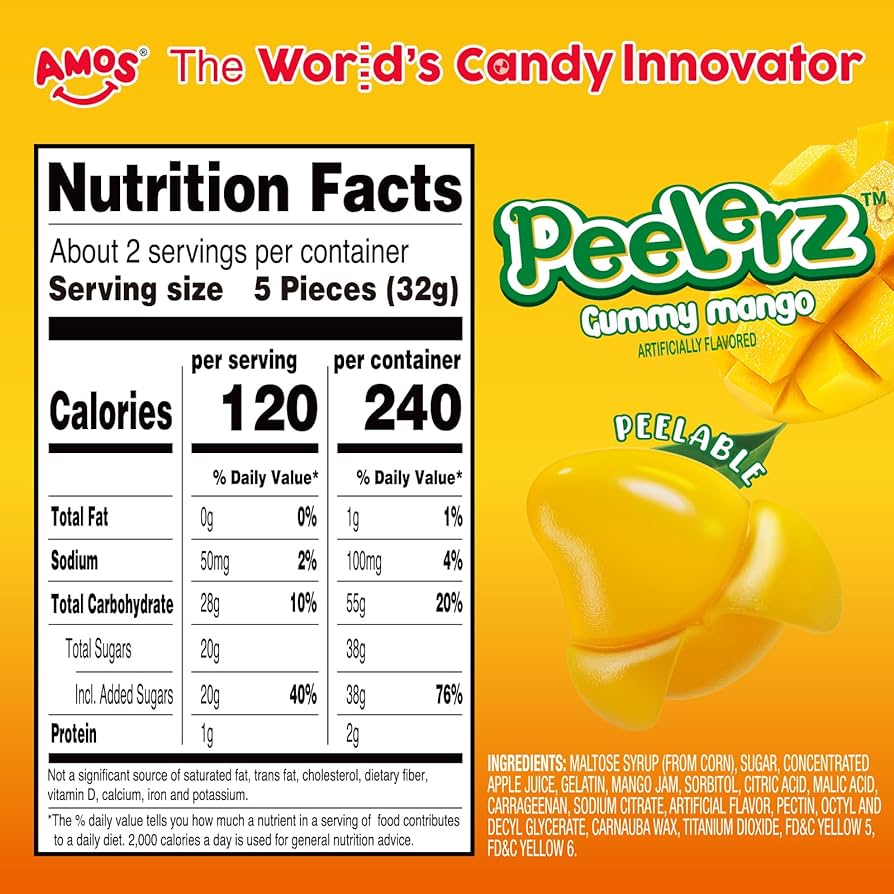 AMOS Mango Peelz Gummy Candy, Peeling Gummy Mango Resealable 2.19oz Bag - OVERRATED