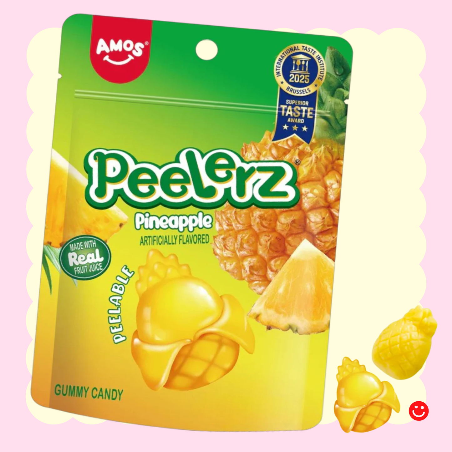 Pineapple gummy candy Amos Peelerz tropical chewy snack bag front view - Overrated Korean Beauty & More