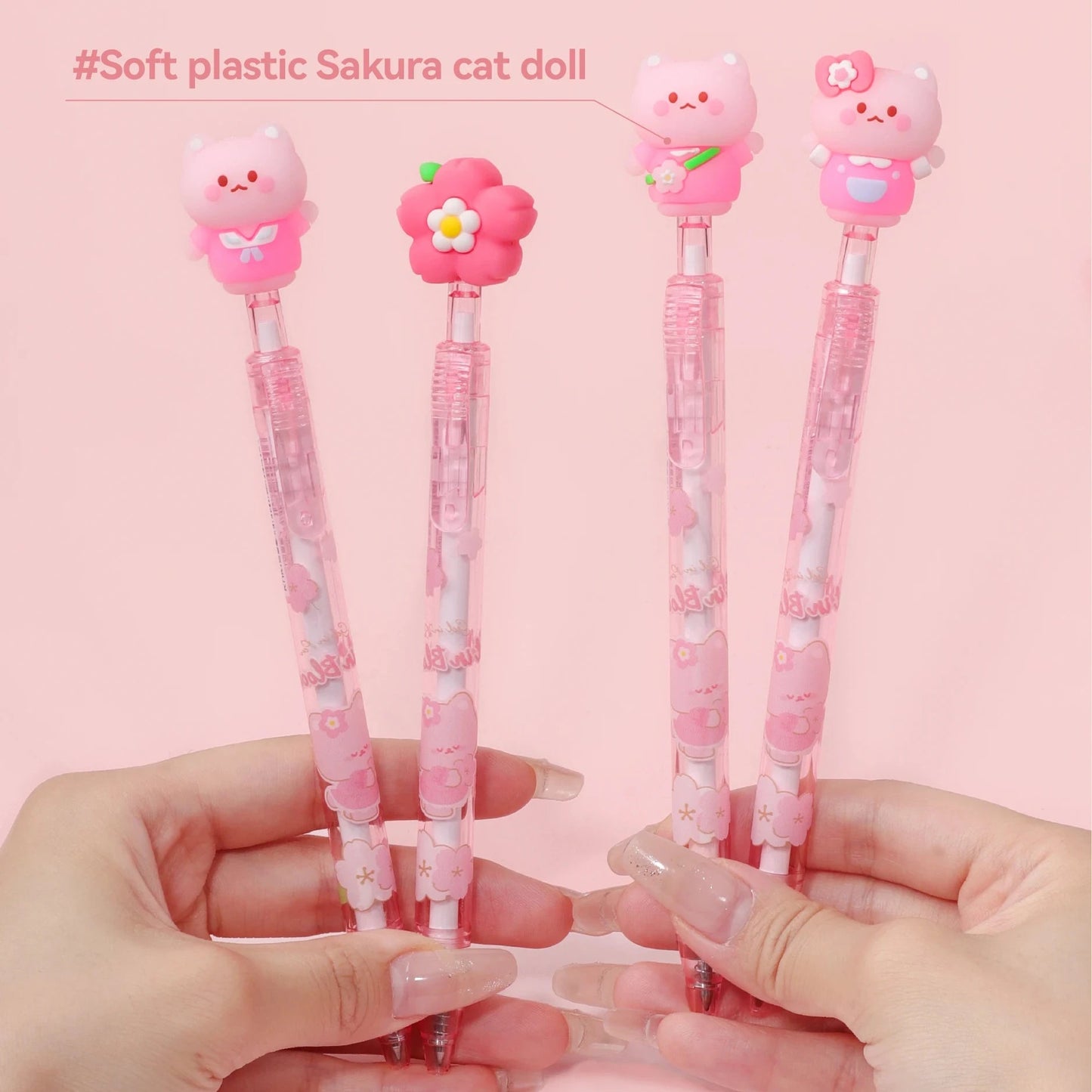 kawaii gel pen cat in bloom pink floral kitty topper front view - Overrated Korean Beauty & More
