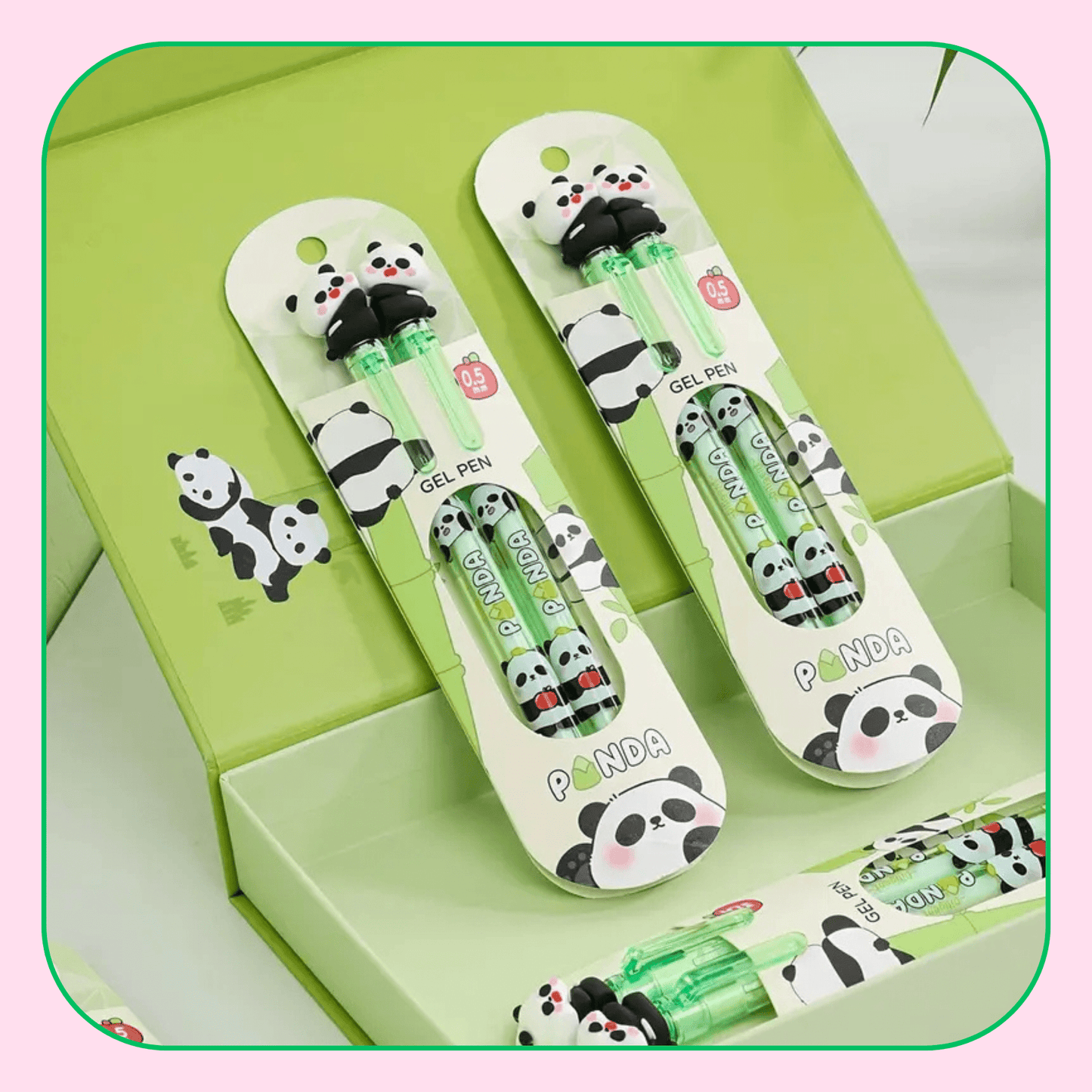 Kawaii panda sharing gel pen set full set display flat lay - Overrated Korean Beauty & More