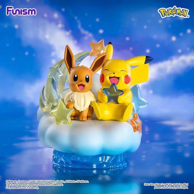 Pokemon figure angle view Eevee and Pikachu Nebula Prime cloud scene on shelf display - Overrated Korean Beauty & More
