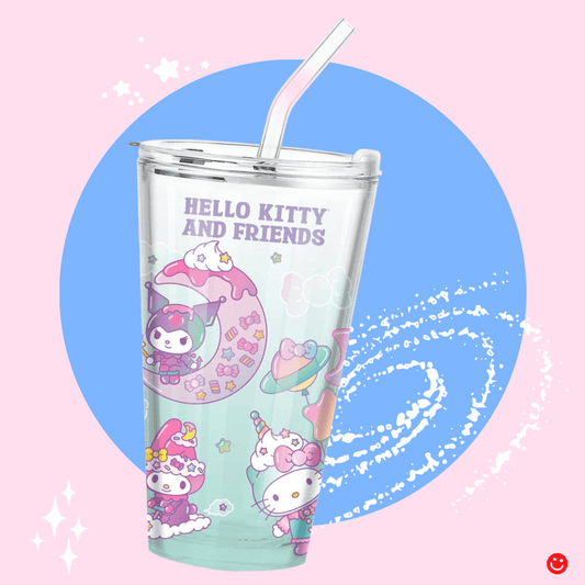 Hello Kitty and Space 16oz Pint Glass w Lid & Glass Straw - OVERRATED