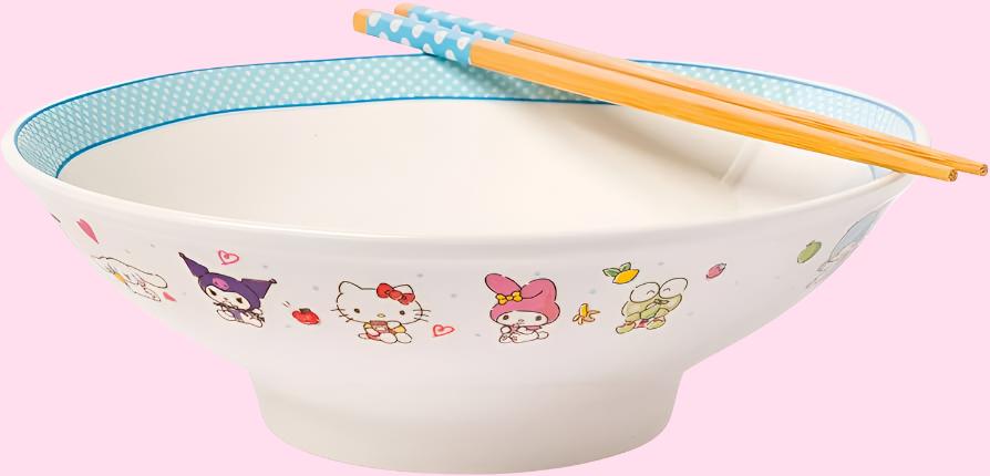 Hello Kitty & Friends 30oz Blue Rim Ceramic Ramen Bowl with Chopsticks - OVERRATED