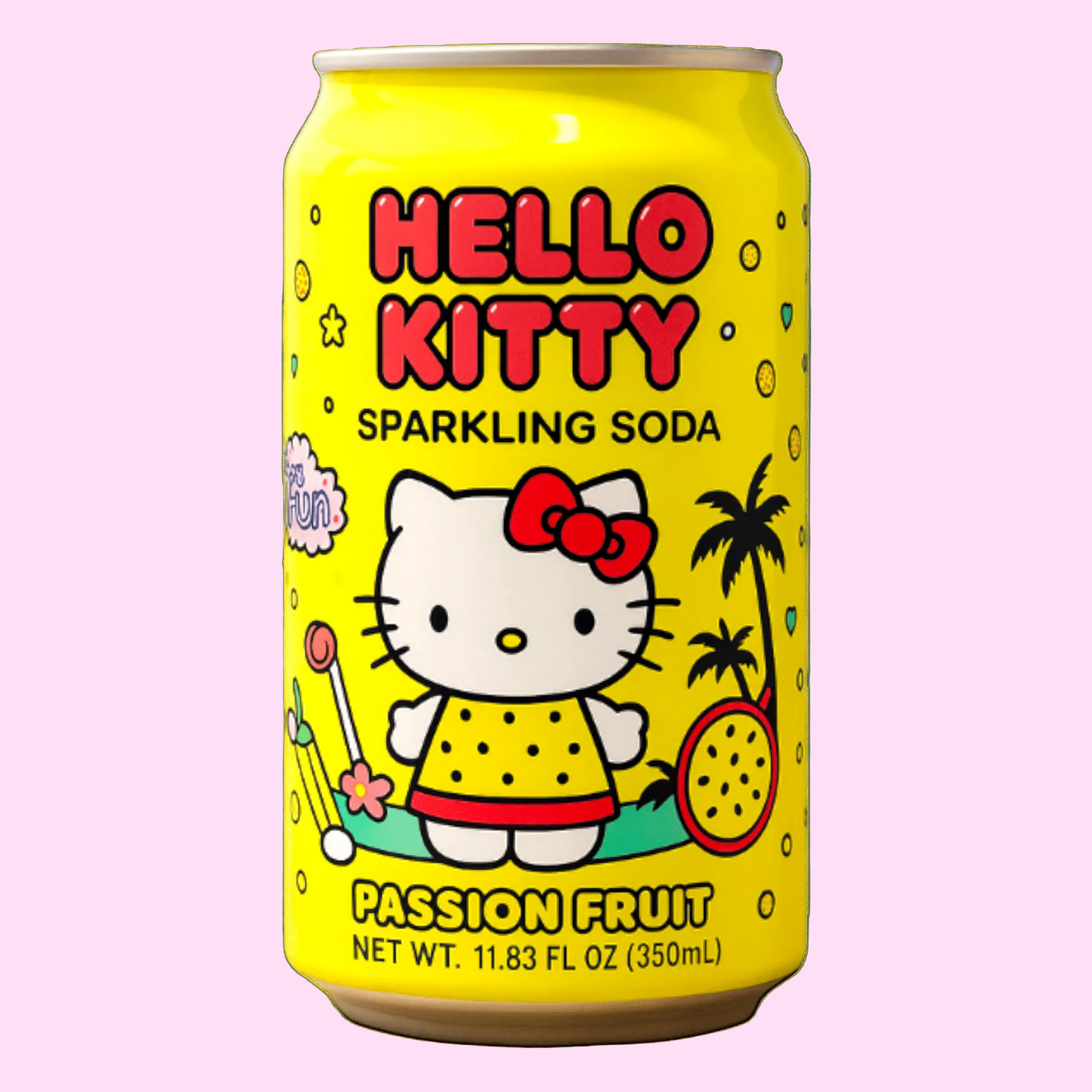 Hello Kitty sparkling soda passion fruit Sanrio kawaii yellow can drink - Overrated Korean Beauty & More