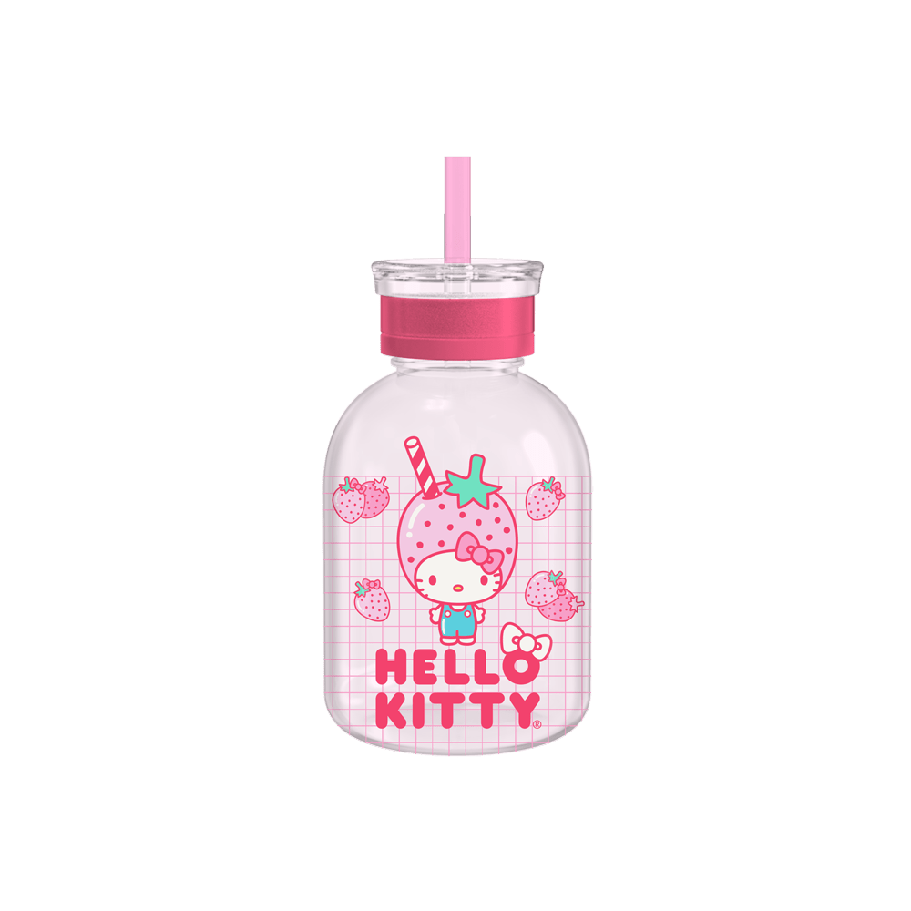 Hello Kitty Strawberry Head 15oz Glass Milk Bottle w/ Straw - OVERRATED