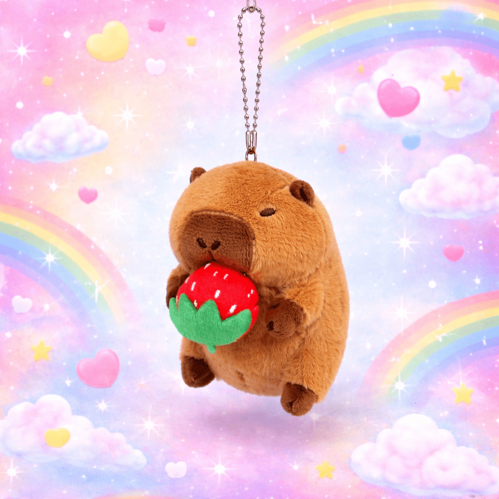 Kawaii capybara keychain strawberry rattle plushie soft sensory toy - Overrated Korean Beauty & More