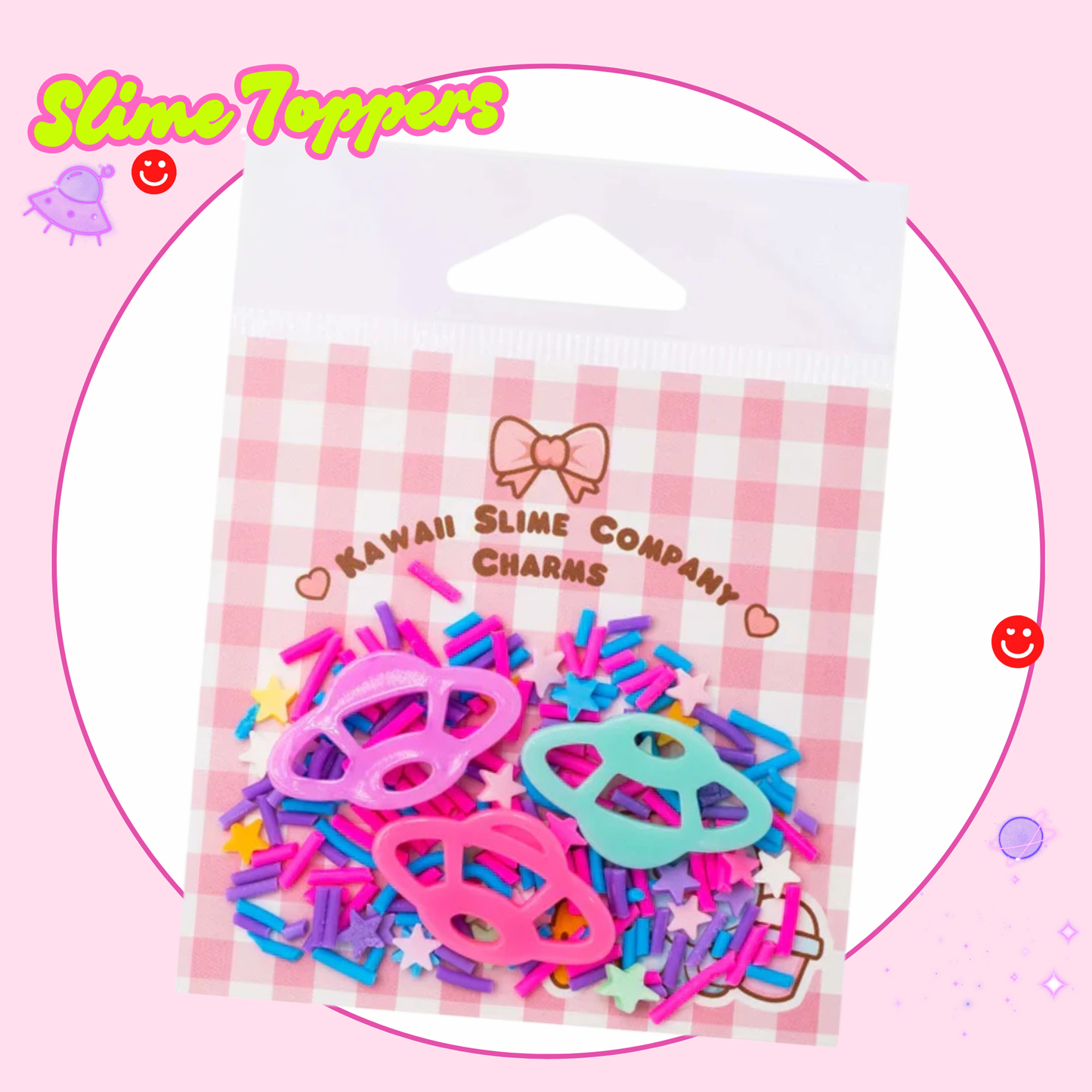 kawaii slime topper charm bag with space themed charms for slime decorating