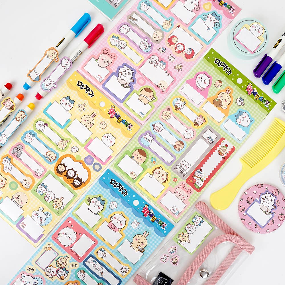 Kawaii sticker pack Chiikawa Big Name Label Set full set sticker sheets display - Overrated Korean Beauty & More