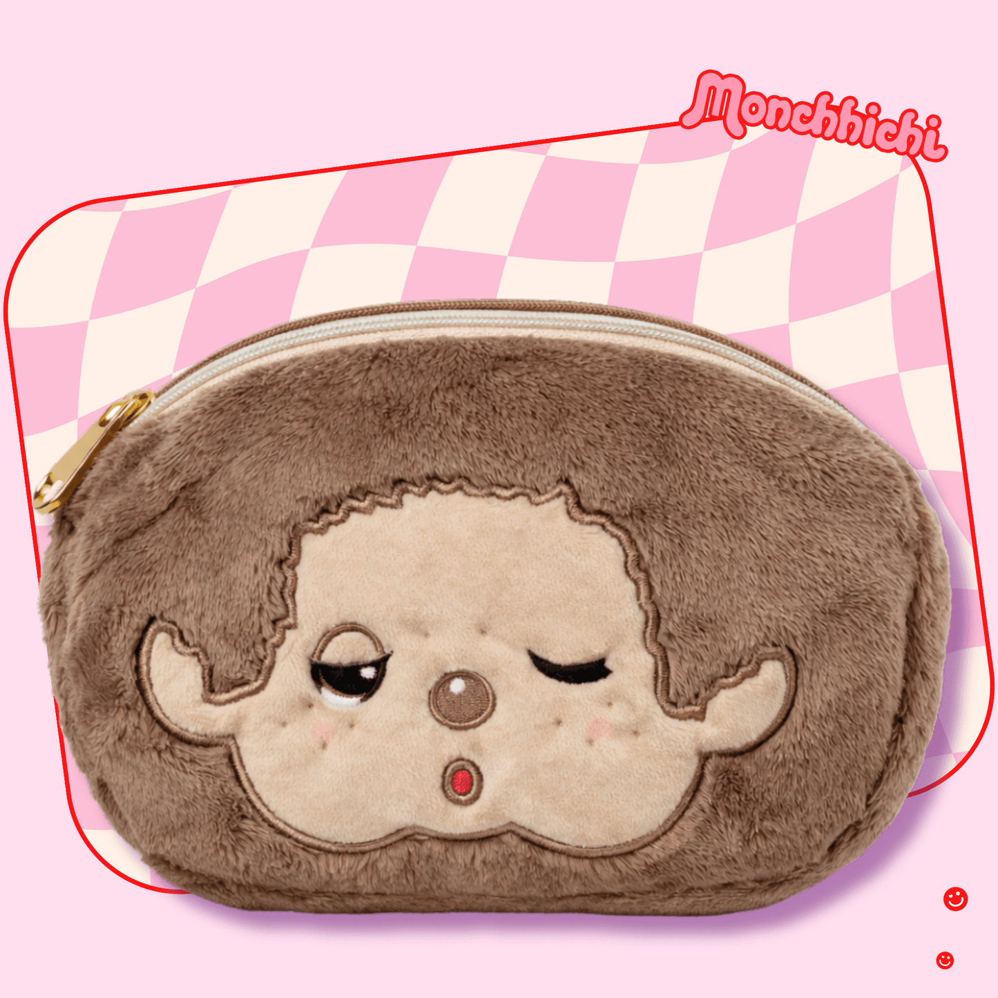 Monchhichi plush pouch kawaii zipper bag open showing interior - Overrated Korean Beauty & More