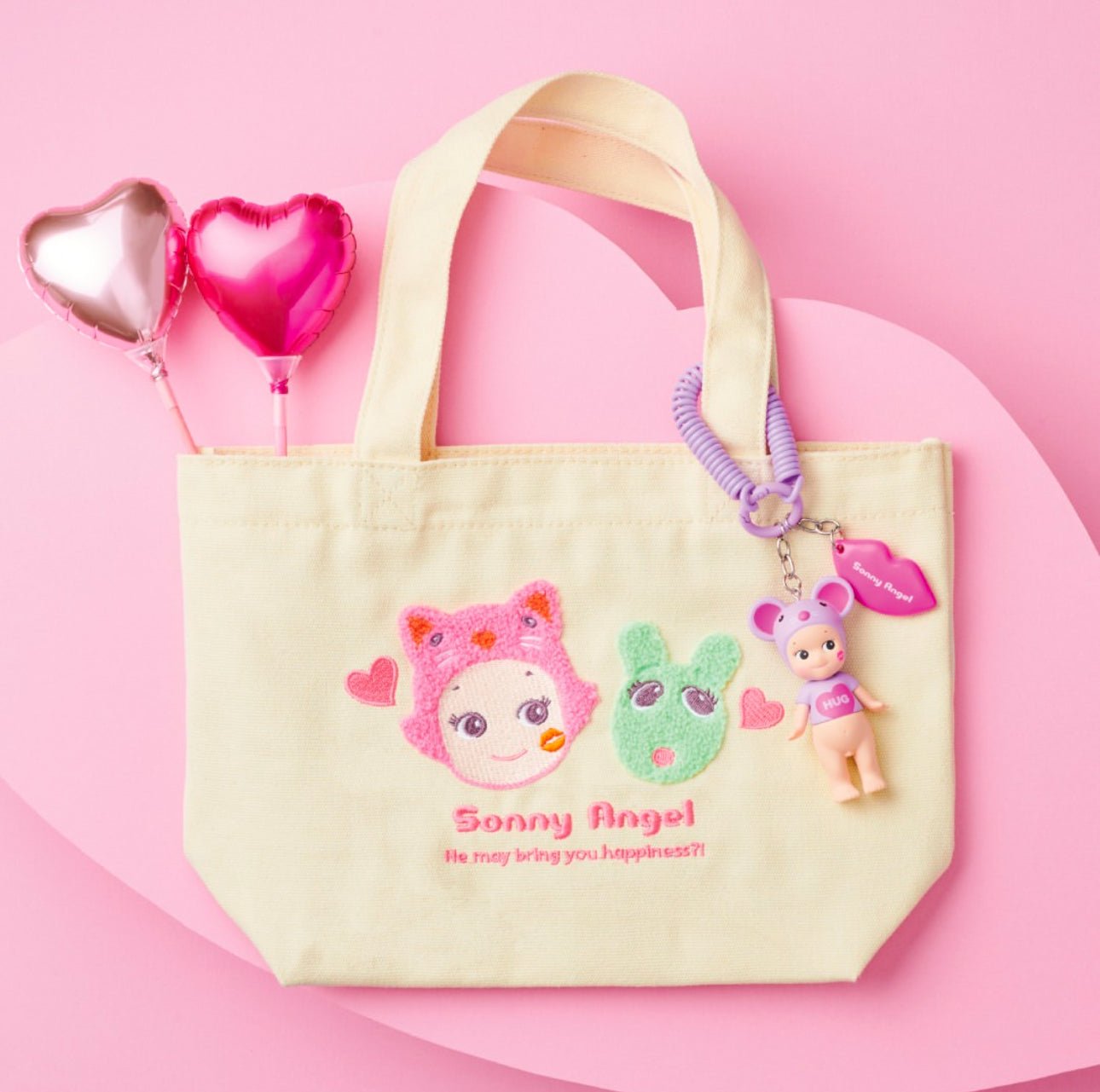 Sonny Angel Kiss Kiss Canvas Tote Bag embroidered cotton pink - Overrated Korean Beauty