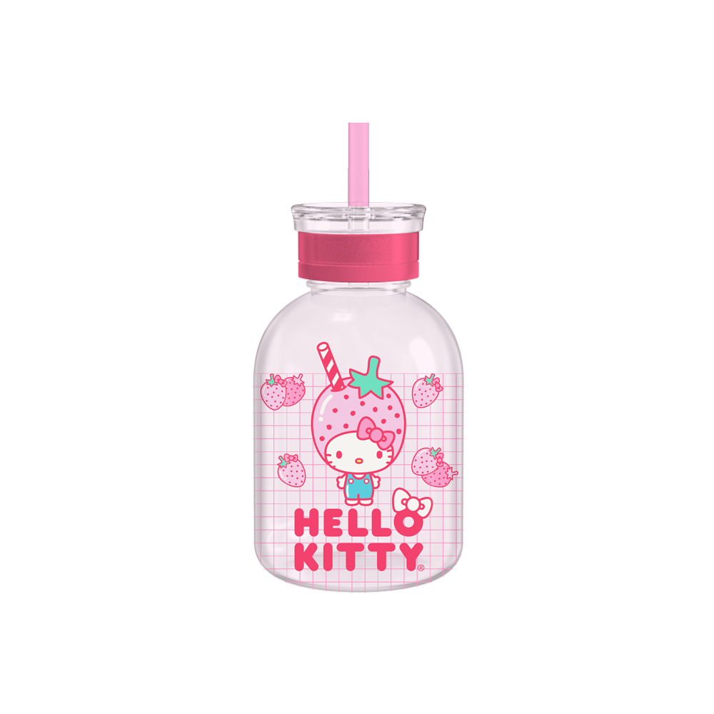 Hello Kitty Strawberry Head 15oz Glass Milk Bottle w/ Straw