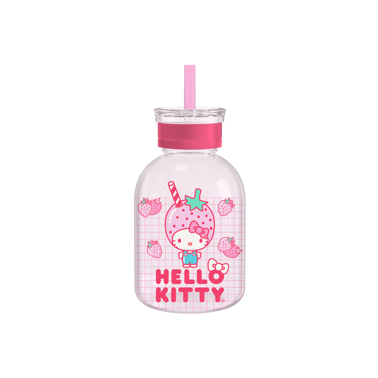 Hello Kitty Strawberry Head 15oz Glass Milk Bottle w/ Straw