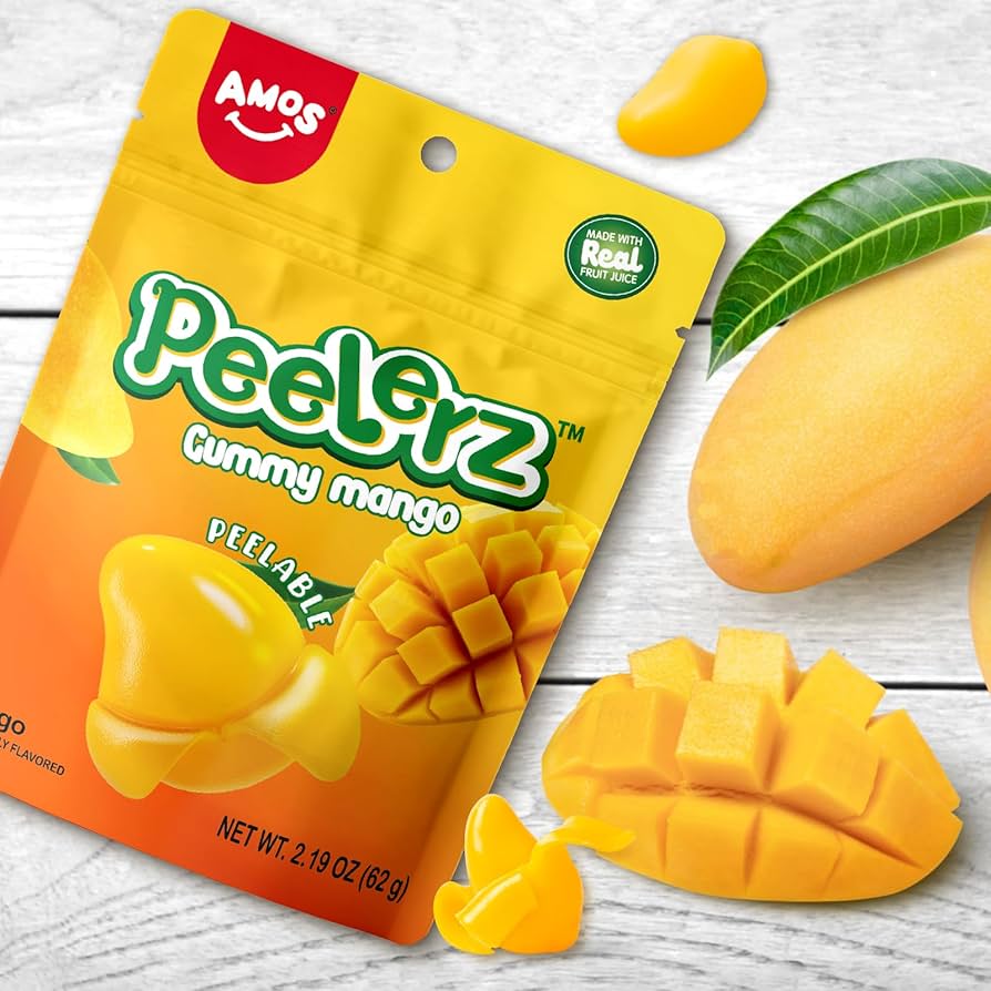 AMOS Mango Peelz Gummy Candy, Peeling Gummy Mango Resealable 2.19oz Bag