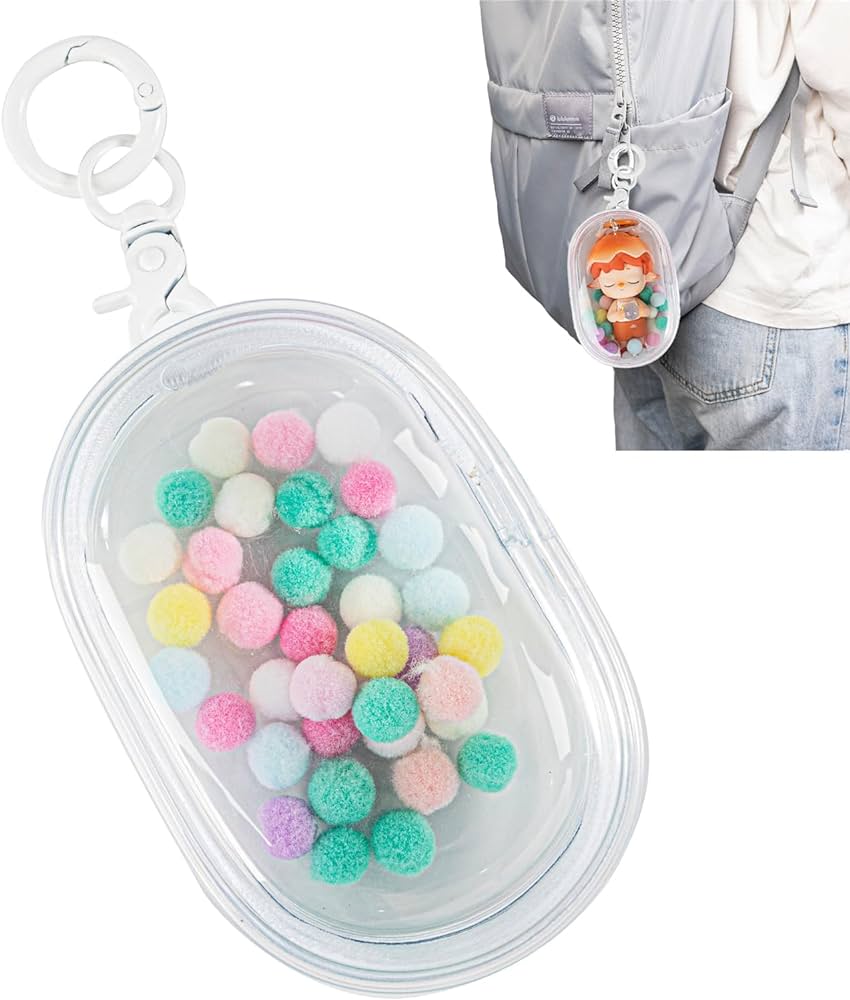 Clear Blind Box Figure Display Case with Keychain & Pom-Poms