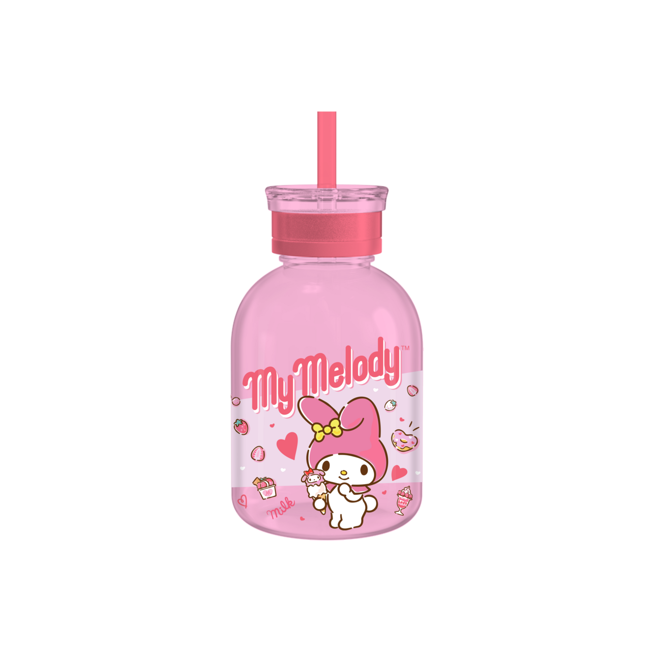 My Melody Strawberry Ice Cream 15z Glass Milk Bottle w Straw