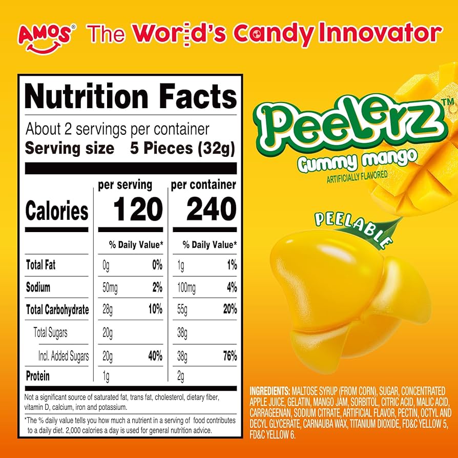 AMOS Mango Peelz Gummy Candy, Peeling Gummy Mango Resealable 2.19oz Bag