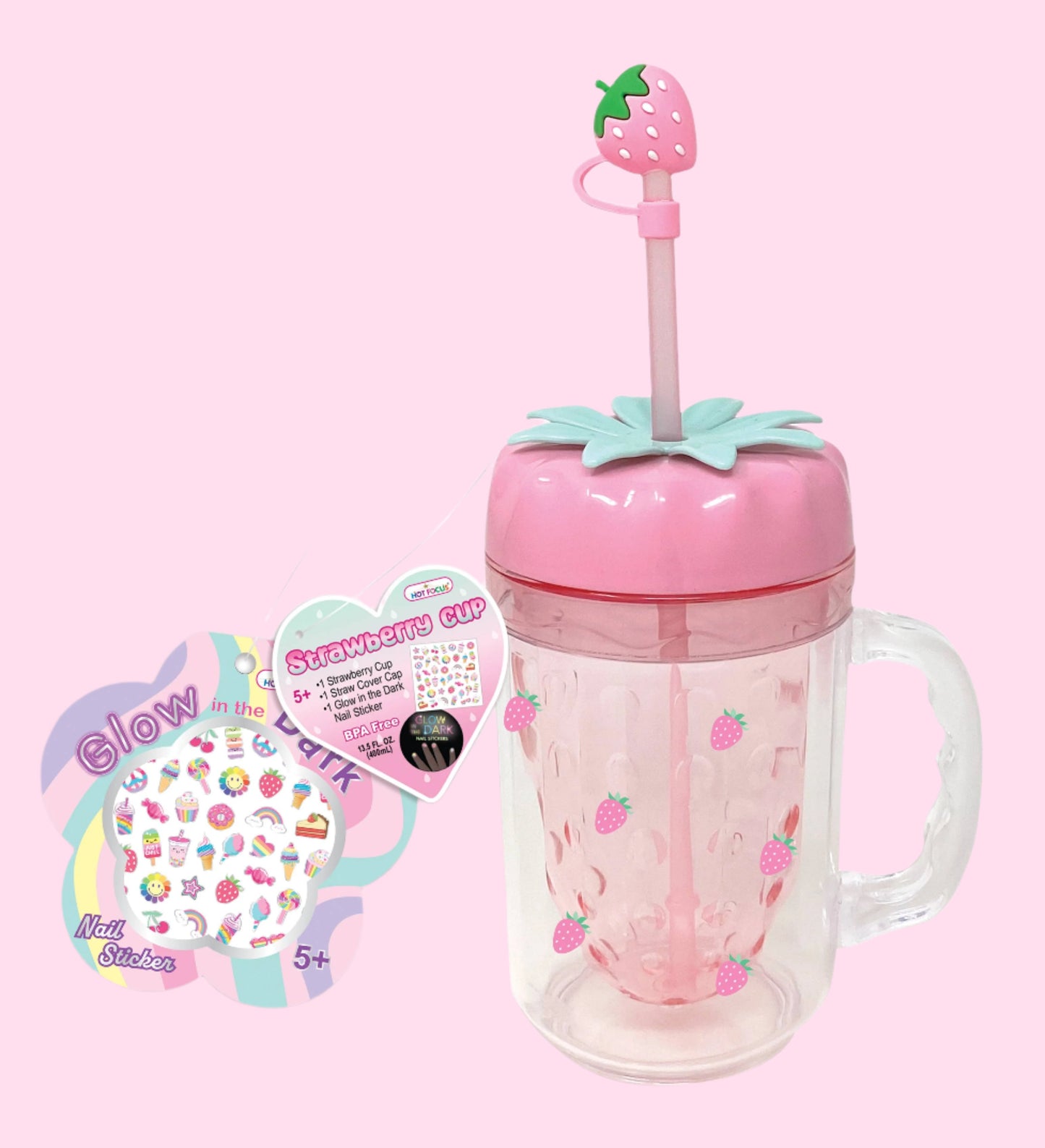 Kawaii Strawberry Mason Jar Tumbler with Nail Stickers