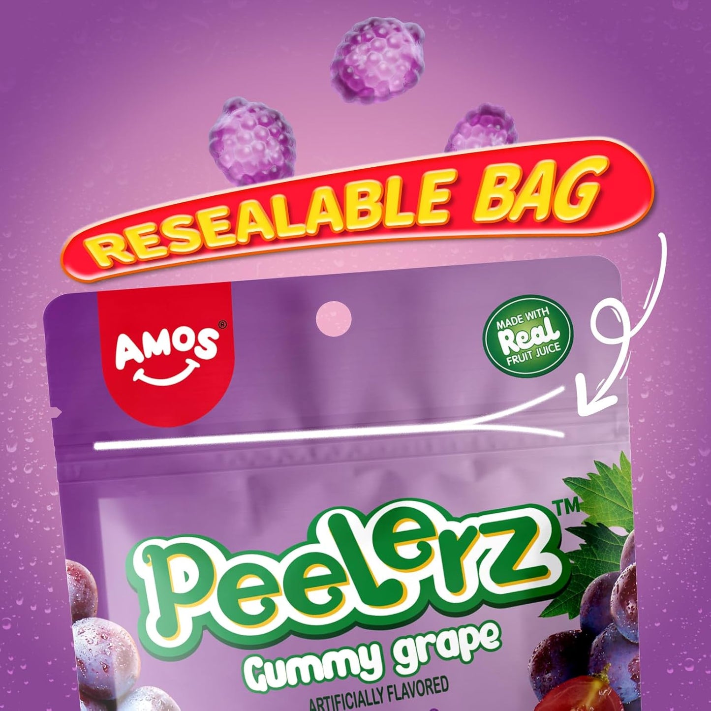 Amos Peelable Gummy Grape, Peelerz Gummy Grape Peeling Candy,Resealable 2.19oz Bag