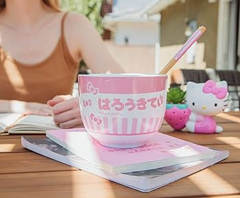 Hello Kitty Tokyo Pink Stripes Ceramic Ramen Bowl Set