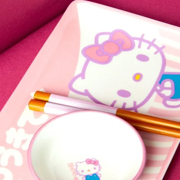 Hello Kitty Tokyo Pink Stripes Boxed 3pc Ceramic Sushi Set