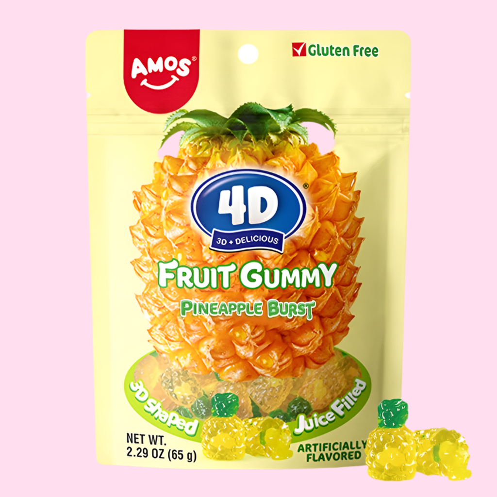 AMOS Gummy Candy 4D Fruit Gummies, Fruit Snacks Pineapple Burst, Resealable 2.29oz Bag Natural Flavor