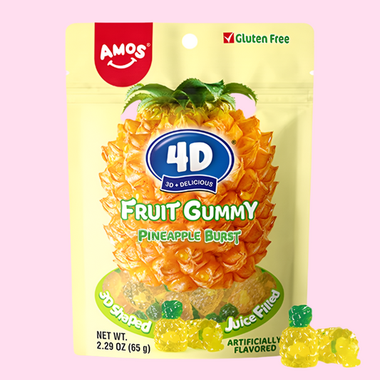 AMOS Gummy Candy 4D Fruit Gummies, Fruit Snacks Pineapple Burst, Resealable 2.29oz Bag Natural Flavor