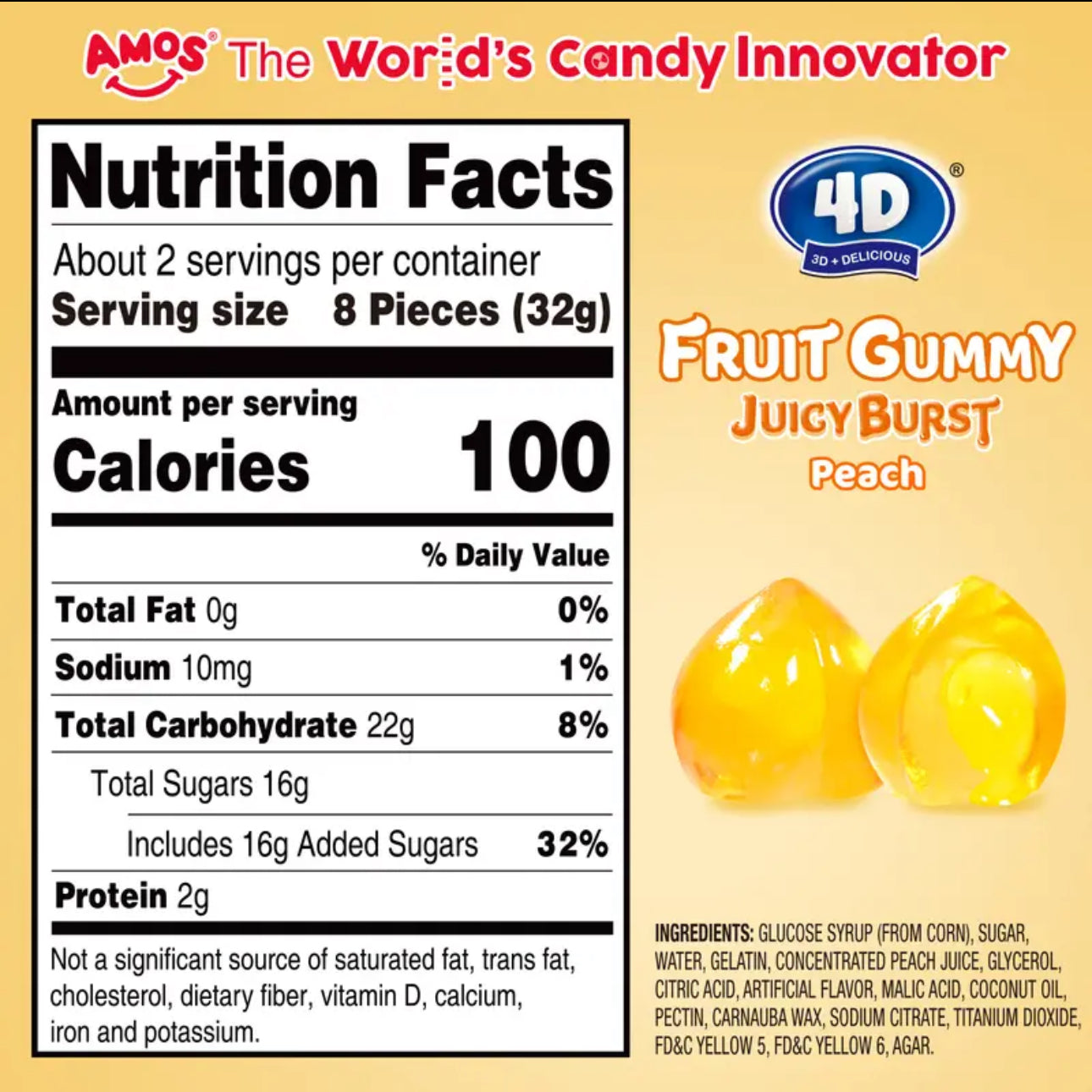 Amos 4D Fruit Gummy Juicy Busrt Peach Flavor Gummies