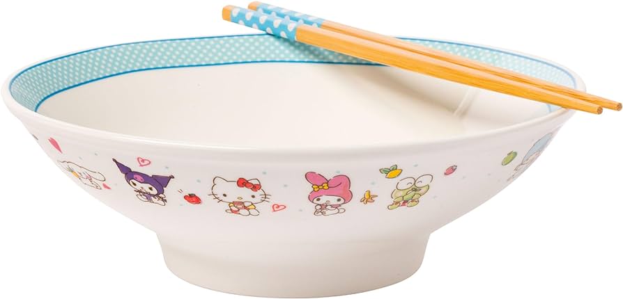 Hello Kitty & Friends 30oz Blue Rim Ceramic Ramen Bowl with Chopsticks