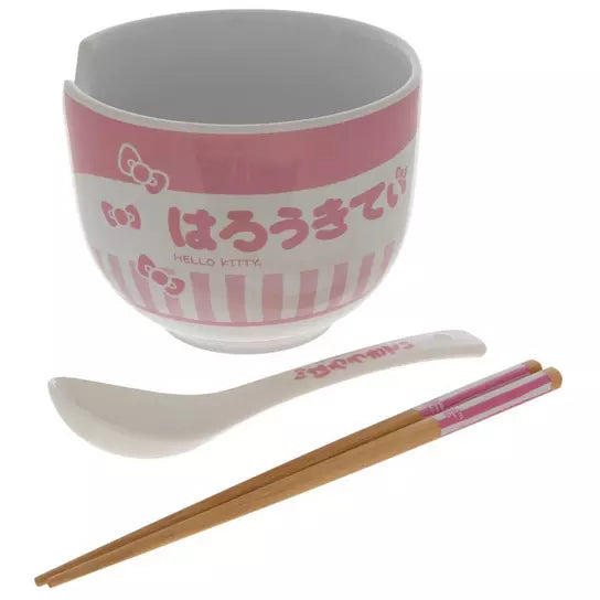 Hello Kitty Tokyo Pink Stripes Ceramic Ramen Bowl Set