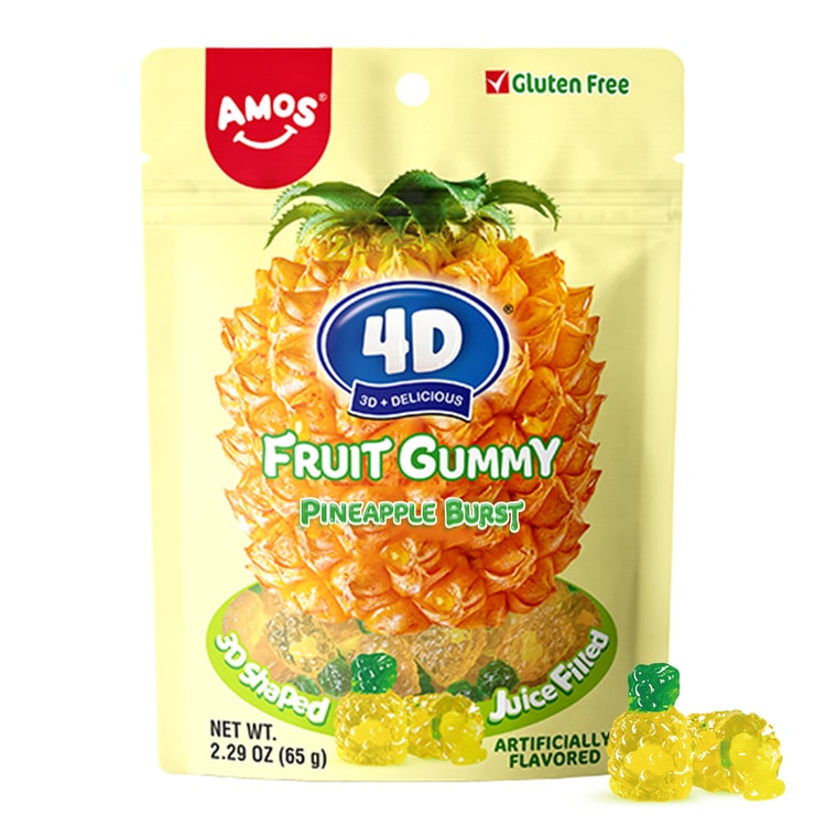 AMOS Gummy Candy 4D Fruit Gummies, Fruit Snacks Pineapple Burst, Resealable 2.29oz Bag Natural Flavor