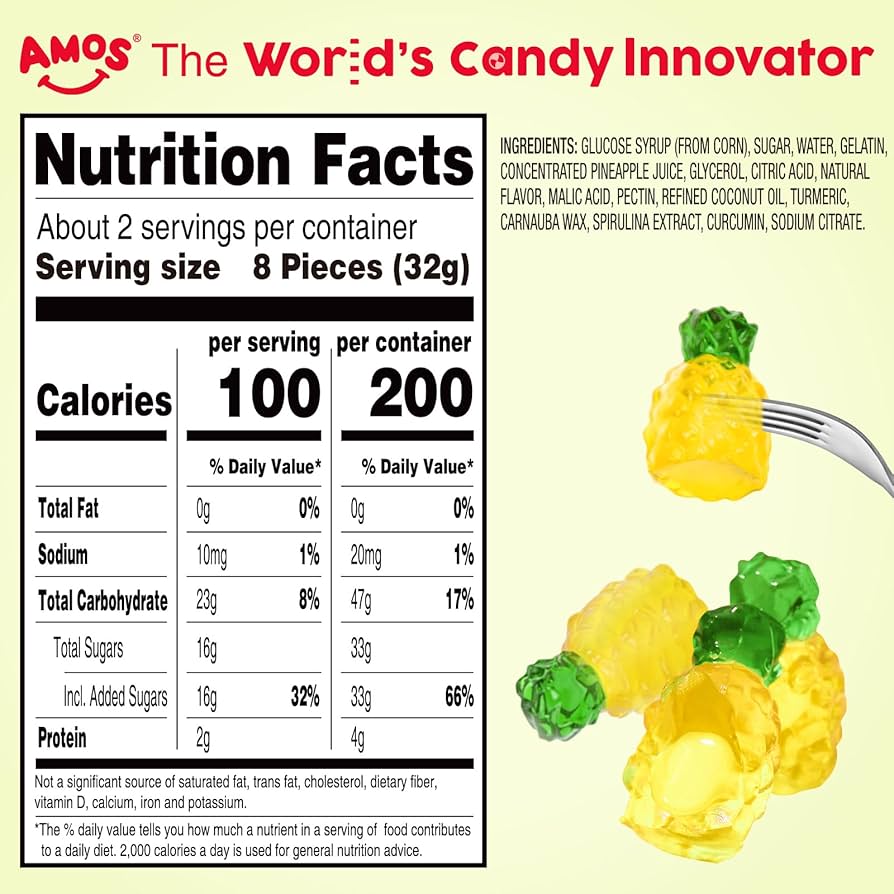 AMOS Gummy Candy 4D Fruit Gummies, Fruit Snacks Pineapple Burst, Resealable 2.29oz Bag Natural Flavor