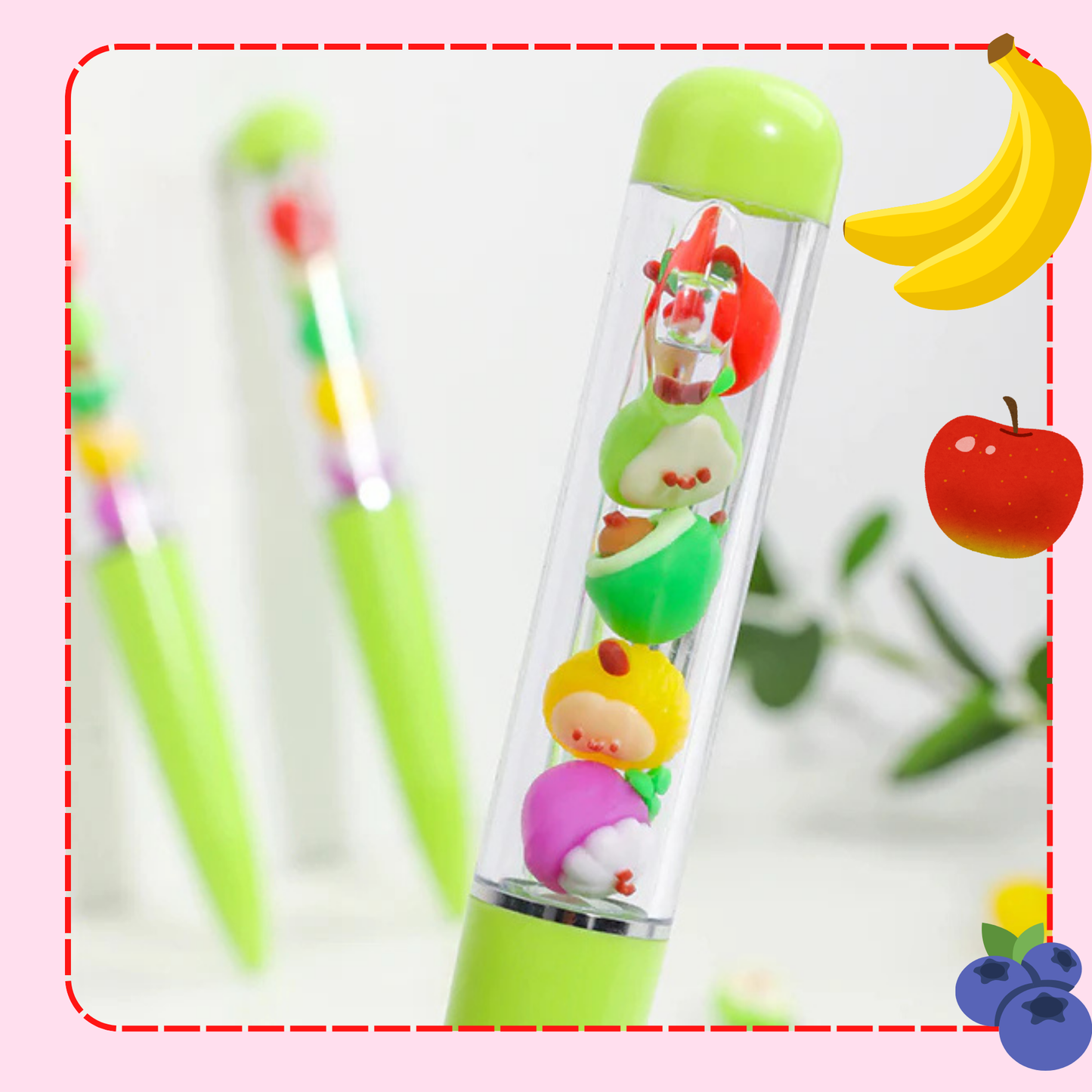 Fruit charm kawaii gel pen floating charms side view open display - Overrated Korean Beauty & More