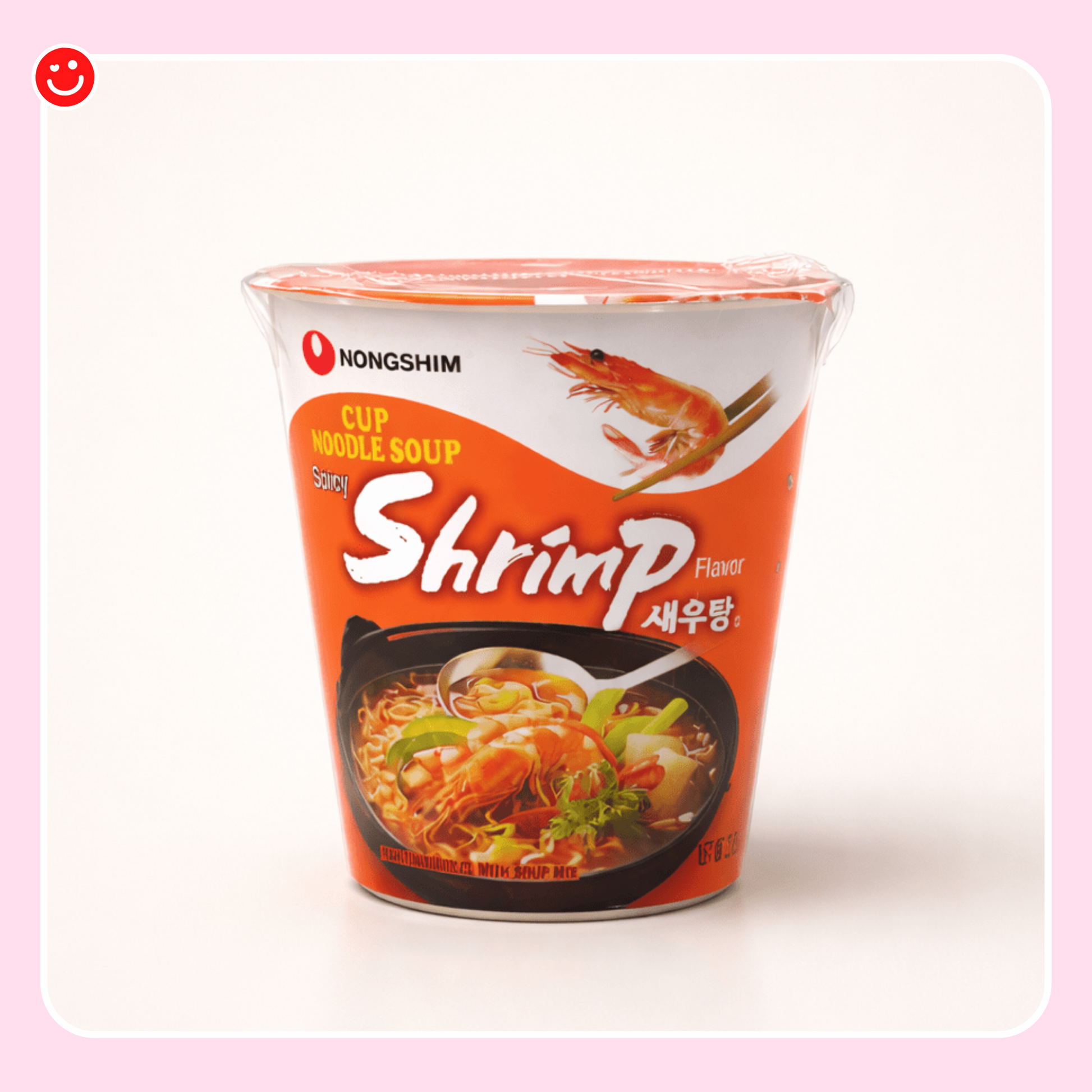 Korean instant cup noodles Nongshim shrimp flavor front packaging - Overrated Korean Beauty & More