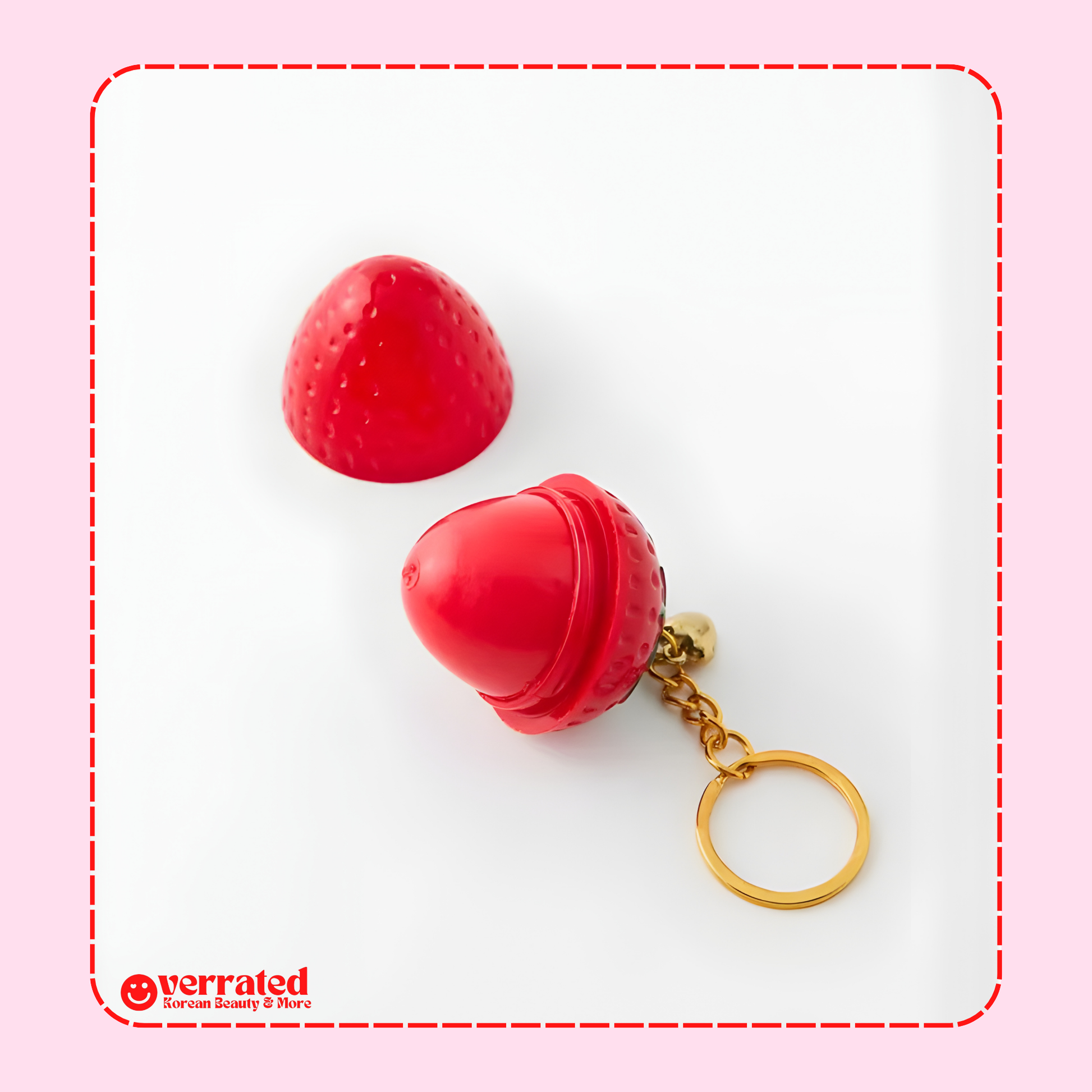 Kawaii lip balm keychain strawberry cute gold ring detail - Overrated Korean Beauty & More