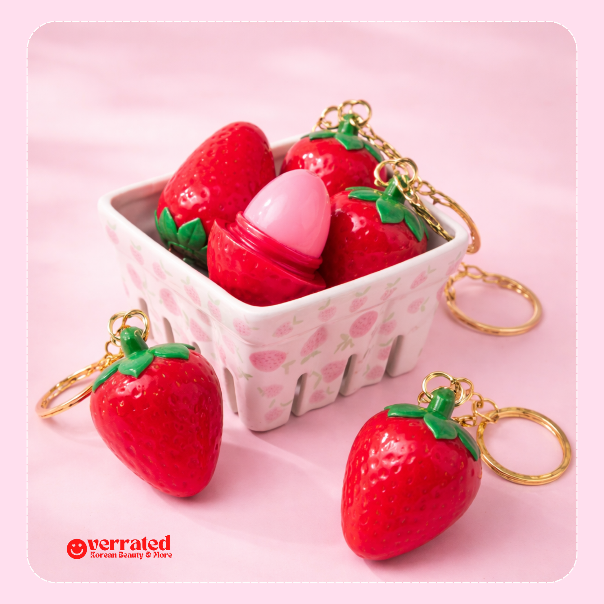 Kawaii lip balm keychain strawberry charm front view - Overrated Korean Beauty & More
