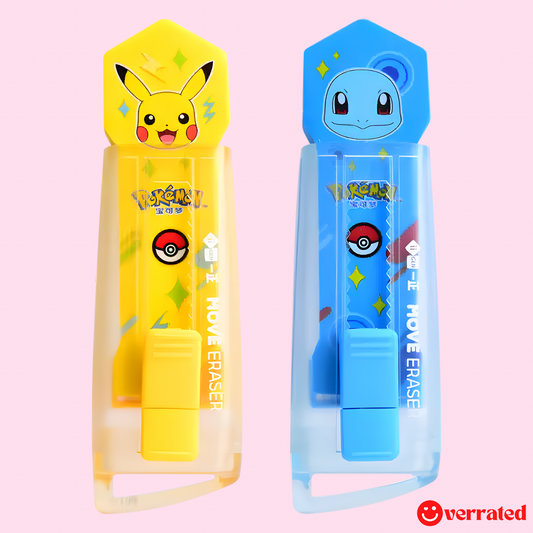 Pokemon eraser Pikachu and Squirtle push-out set front view - Overrated Korean Beauty & More