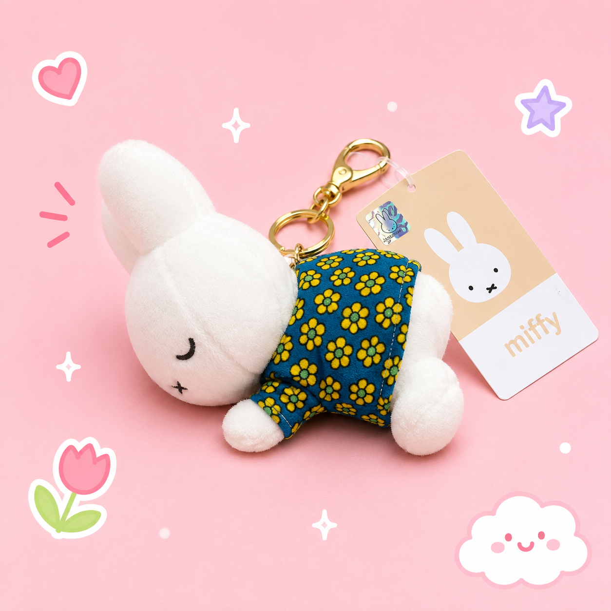 Miffy Plush Keychain – Blue Floral Outfit