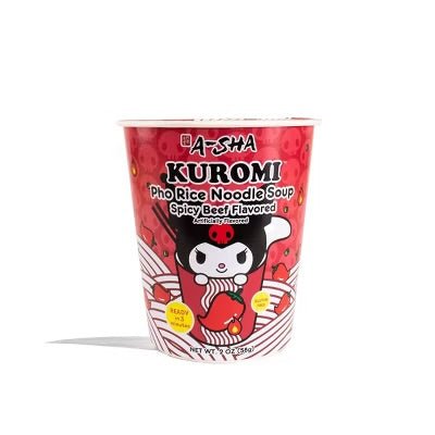 Hello Kitty Kuromi pho noodles side view A-Sha spicy beef gluten free - Overrated Korean Beauty & More
