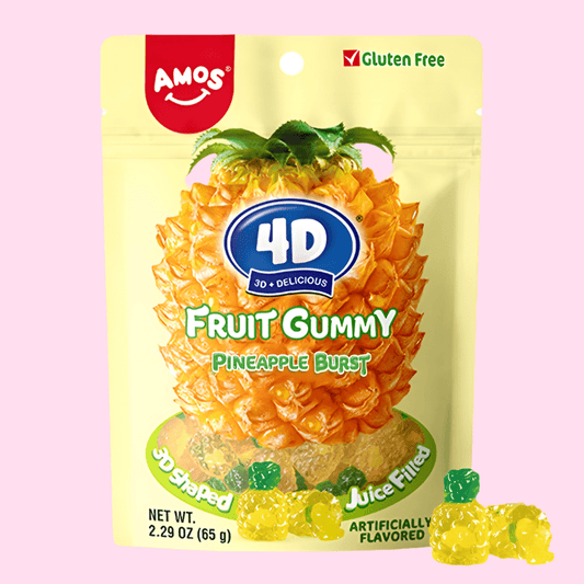 AMOS Gummy Candy 4D Fruit Gummies, Fruit Snacks Pineapple Burst, Resealable 2.29oz Bag Natural Flavor - OVERRATED