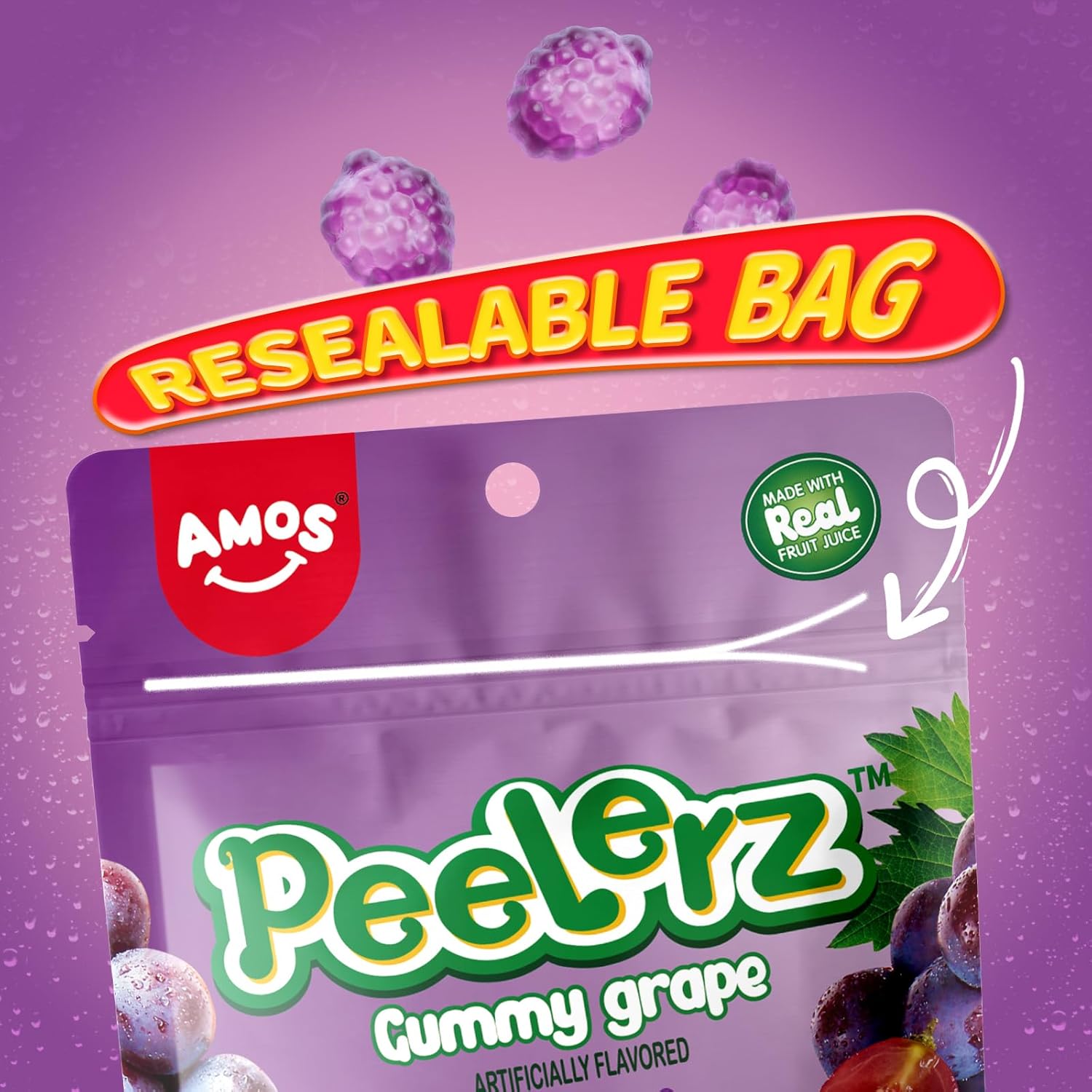 Amos Peelable Gummy Grape, Peelerz Gummy Grape Peeling Candy,Resealable 2.19oz Bag - OVERRATED