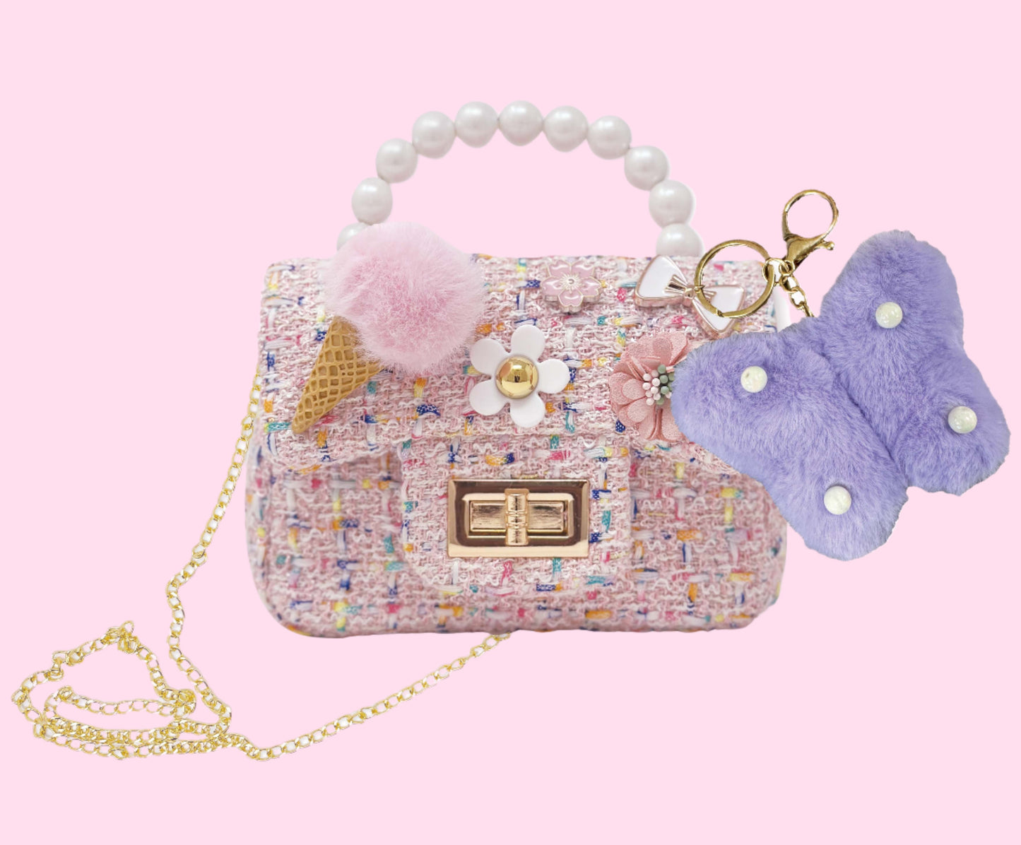 Kawaii Tweed Mini Crossbody with Plush Keychain