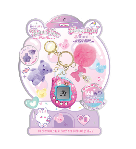 Beauty Game Time Critters blister pack with pink digital pet toy, bear lip gloss and pom keychain - OVERRATED