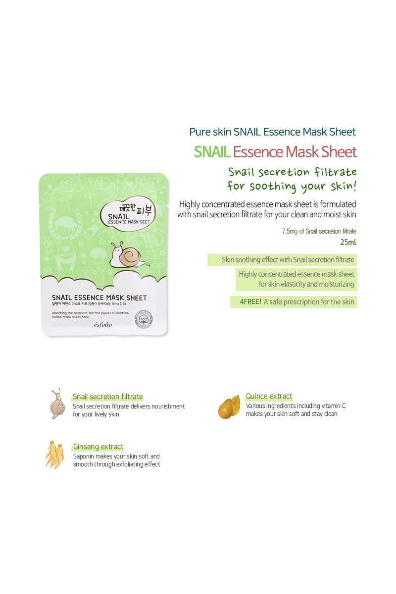 Esfolio ESMPPUSN Snail Essence Mask Sheet- 10pc