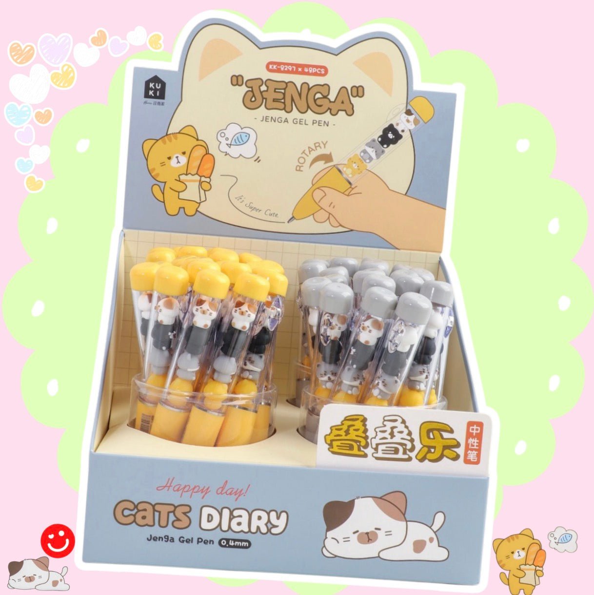Kawaii gel pen Cats Diary Jenga stacked mini cat characters clear barrel front - Overrated Korean Beauty & More