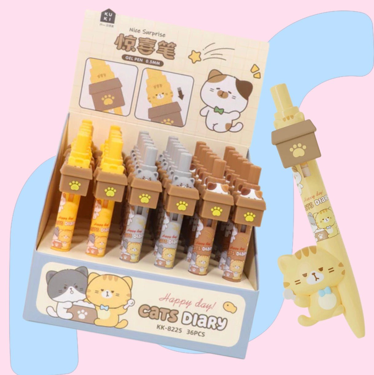 Kawaii cat diary click gel pen surprise pop-up full product view - Overrated Korean Beauty & More