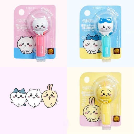 Chiikawa lip balm 3D figure pink and yellow characters arranged - Overrated Korean Beauty & More