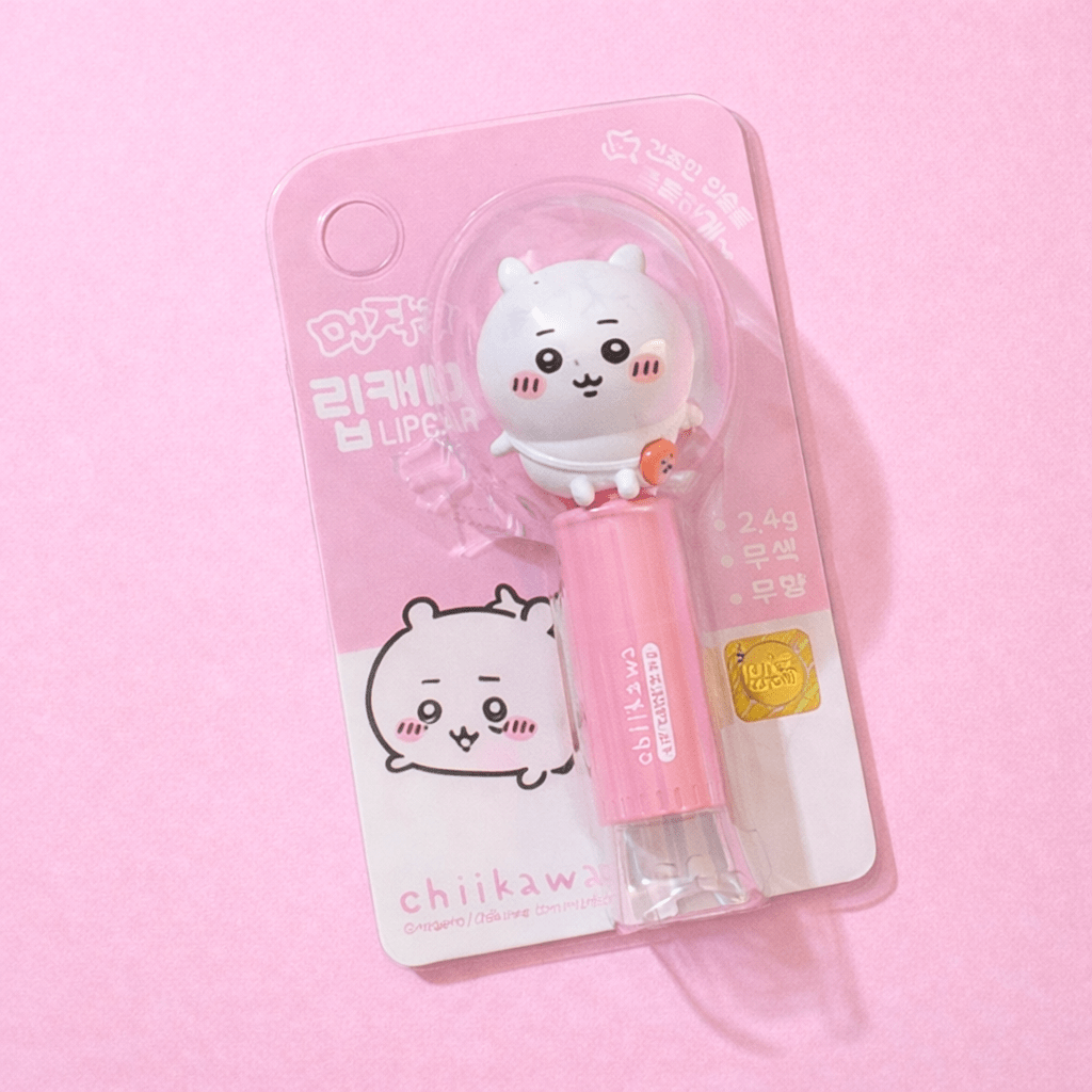 Kawaii lip balm Chiikawa character design front product shot pastel - Overrated Korean Beauty & More