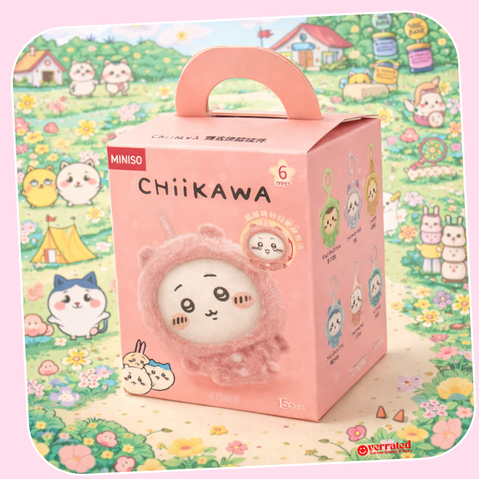 Chiikawa keychain rotating plush face blind box pink packaging kawaii - Overrated Korean Beauty & More