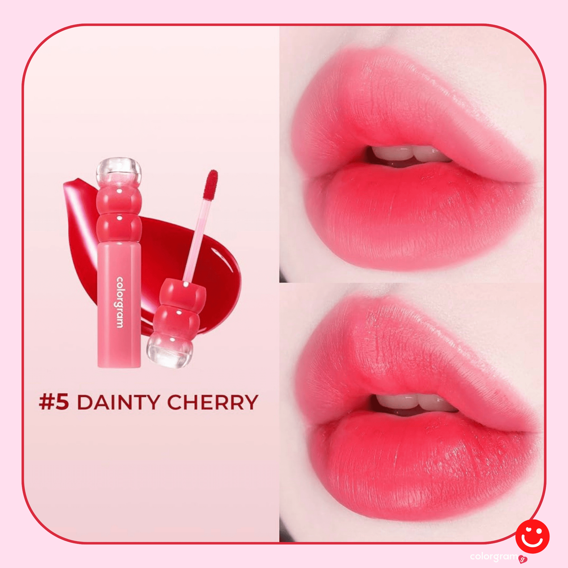 Cologram glass tint Dainty Cherry gloss swatch on lips close up - Overrated Korean Beauty & More